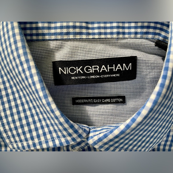 Nick Graham Modern Fit Easy Care Cotton Mini Gingham Checked Collar Button Shirt - Picture 5 of 11